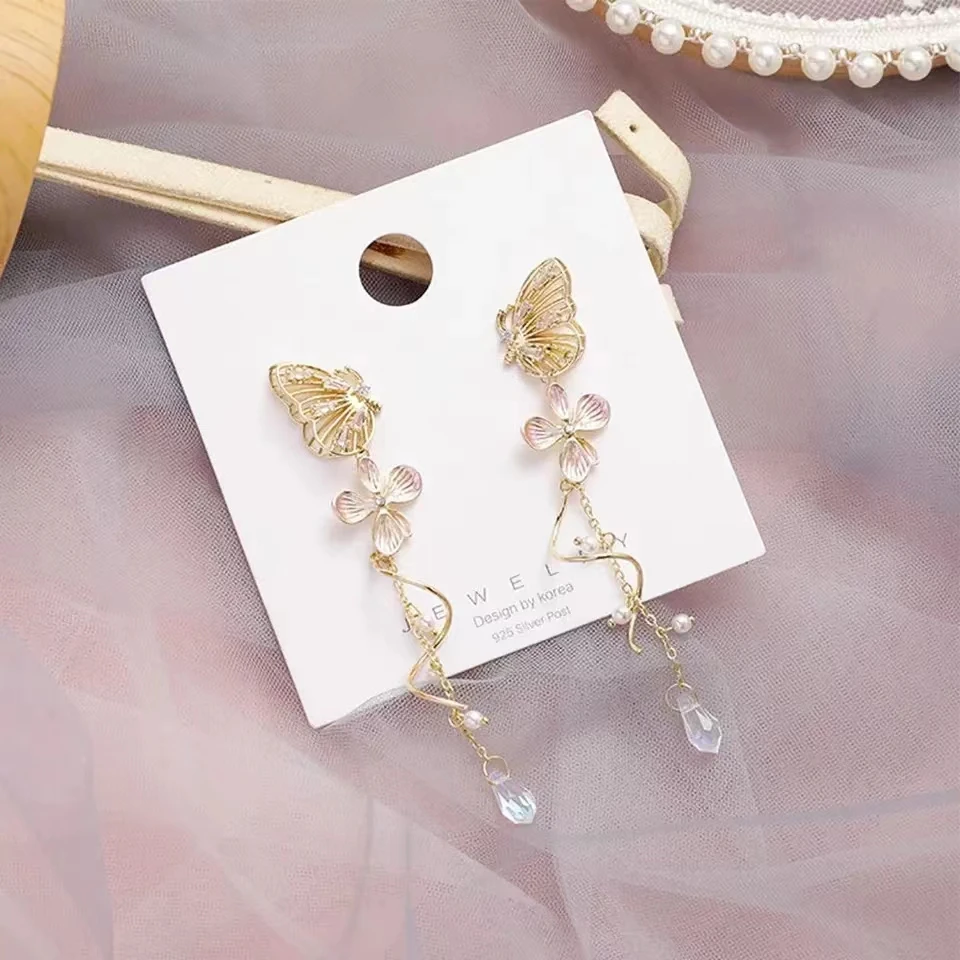Korean Elegant Butterfly Earrings For Women Exquisite Crystal Zircon Long Tassel Flower Drop Earrings Girls Temperament Jewelry image 2