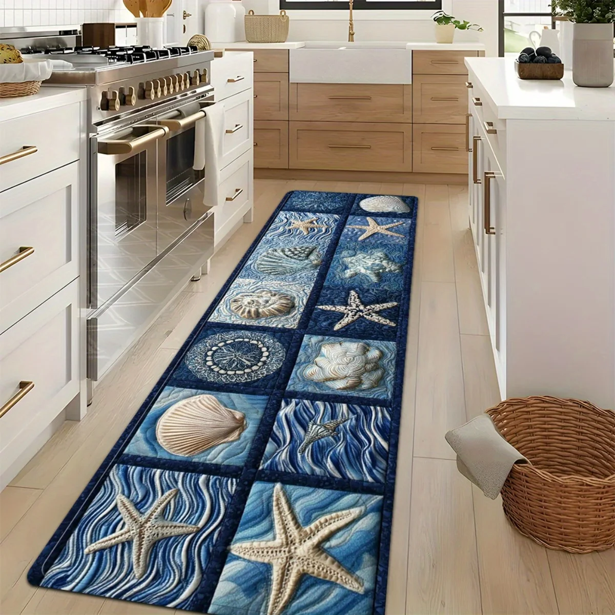 Nautical Coastal Seashell Starfish Kitchen Bath Mat, Non-Slip Soft Absorbent Long Floor Rug with Blue Wave Print for Beach Home