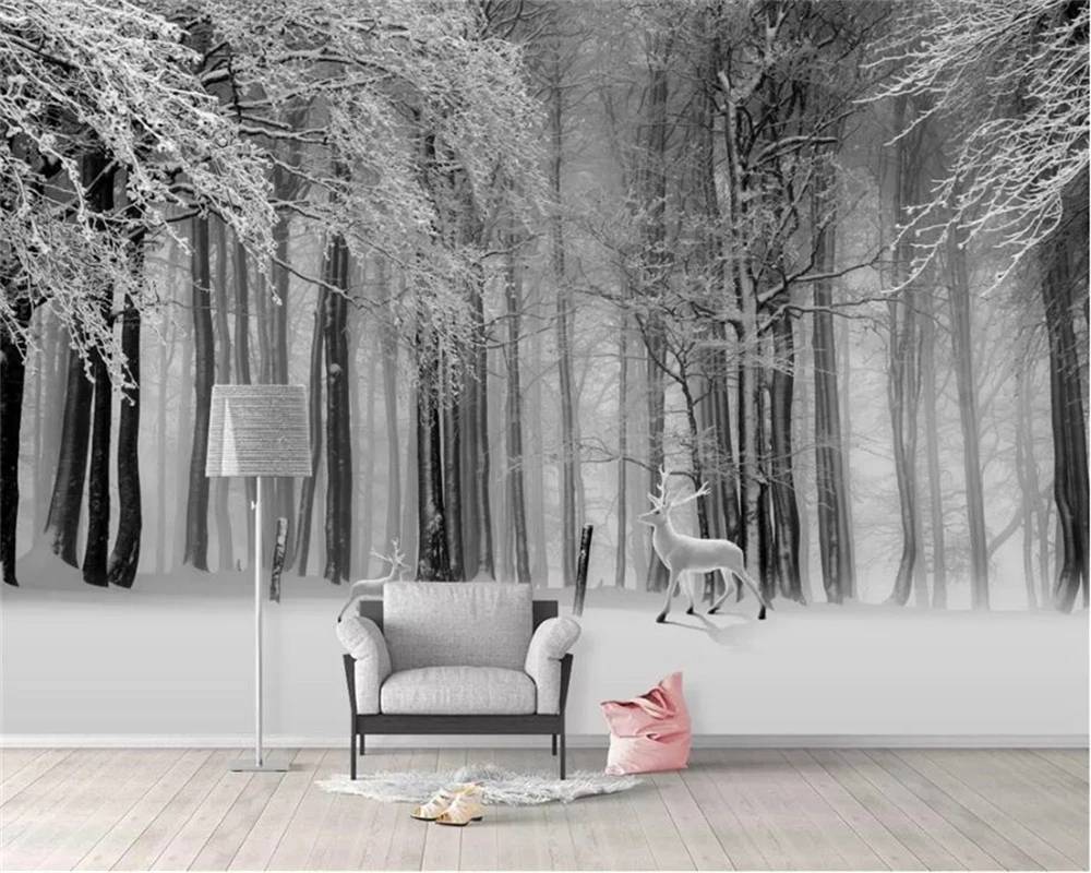 Customized Mural Wallpaper Elk Black white forest snow 3d Living room sofa TV background wall bedroom restaurant tree woods deer