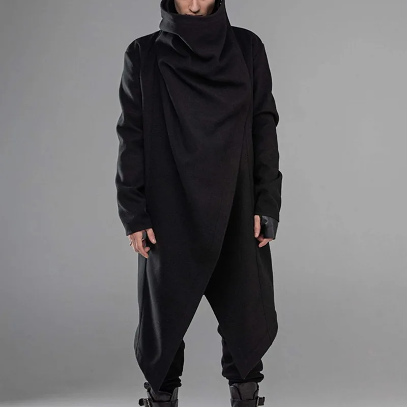 

Men's Cloak Coat Street Sle High Collar Color Long Sve Faion Punk Asymmetrical Coat Autumn Loose Fit Single Button