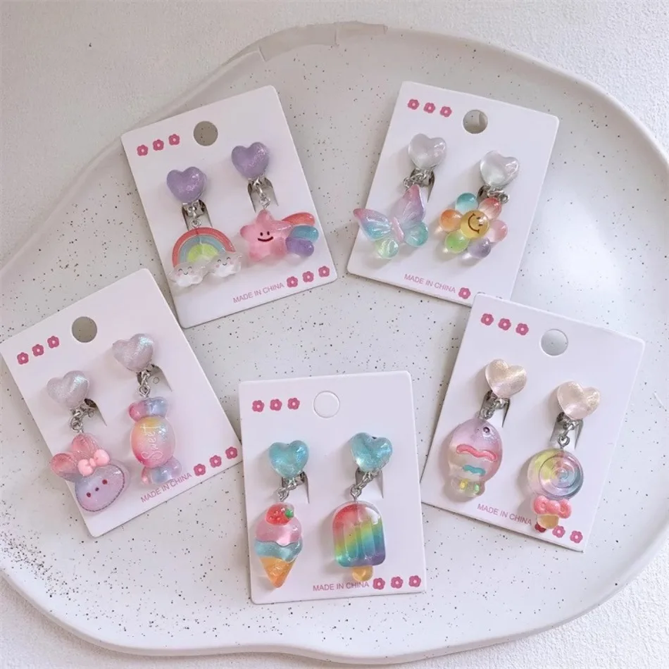 

10pcs Cute Girls Rainbow Earrings Rabbit Ice Cream Ear Clip Flower Earrings Princess Baby Girls Birthday Gifts Kids Jewelry HP01