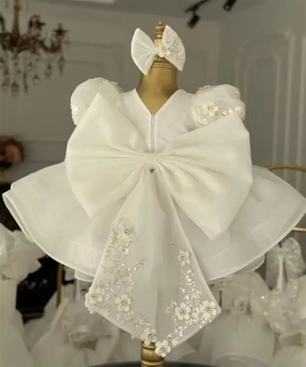 Luxury White Flower Girl Wedding Dress Appliques Floral with Bow Princess Birthday Party Pageant Dress Kids First Communion Gown