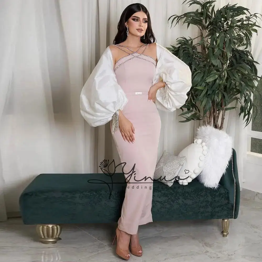 customized Dubai Evening Gown Mermaid Puff Long Sleeve With Tassel V-Neck Back Zipper Saudi Arabian Women's Formal Occasion