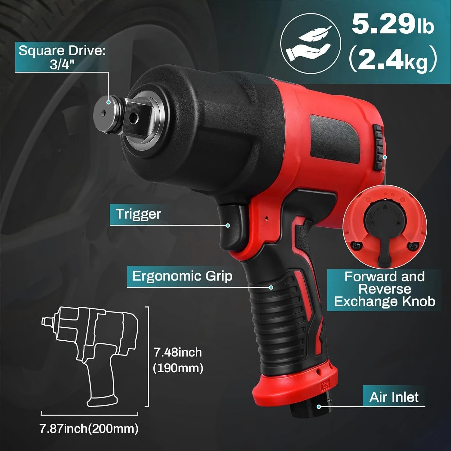 

3/4 Inch Air Impact Wrench,Max Nut-busting Torque 1950 ft-lbs,Heavy Duty 7000RPM 3/4 Air Drive Gun,Twin Hammer Pneumatic Tool