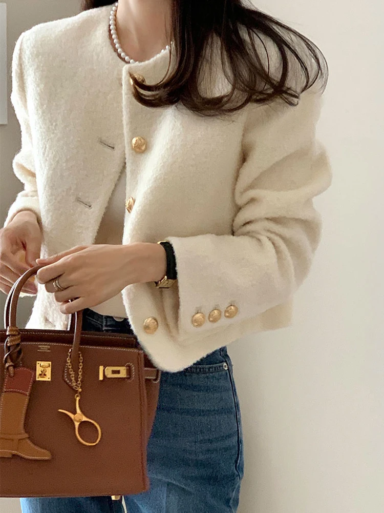 

Women's Autumn Winter 30% Wool Elegant O Neck Single Breasted Wool&blend Short Jacket Lady Streetwear Loose Outwear Top