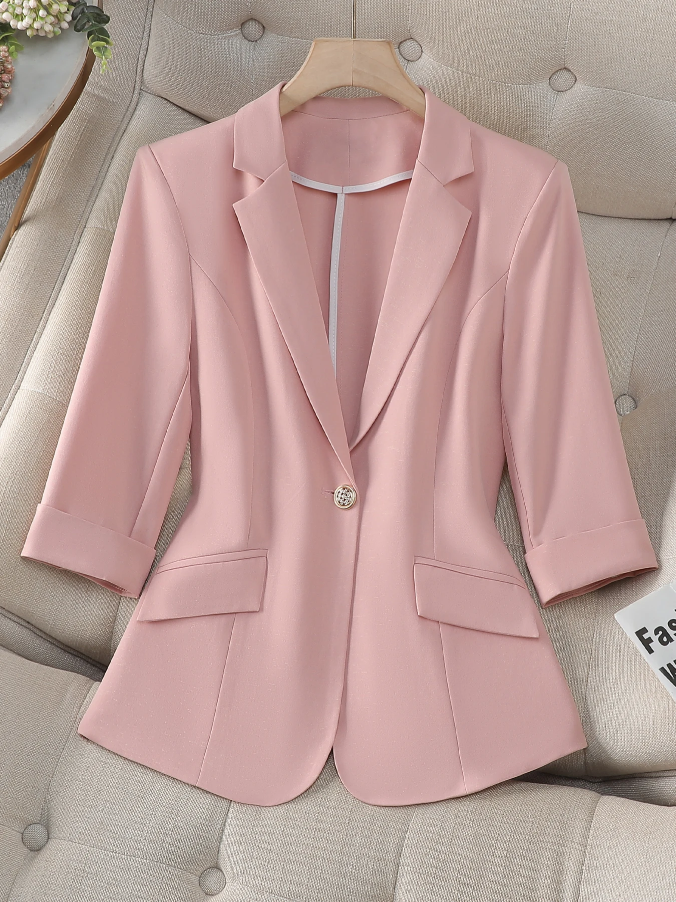

Женский румяно-розовый пиджак с рукавами 3/4, приталенный рабочий офисный пиджак на одной пуговице