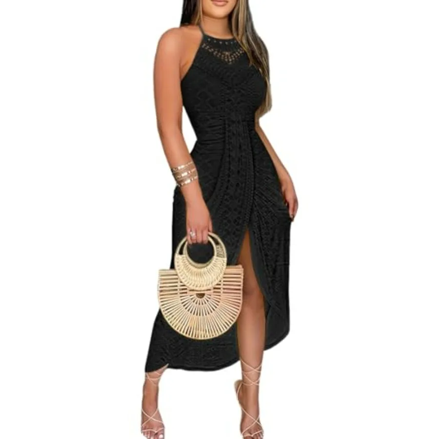 

CHICME Womens Summer Halter Dress Hollow Out A Line Vacation Dresses with Eyelet Embroidery and Side Slit