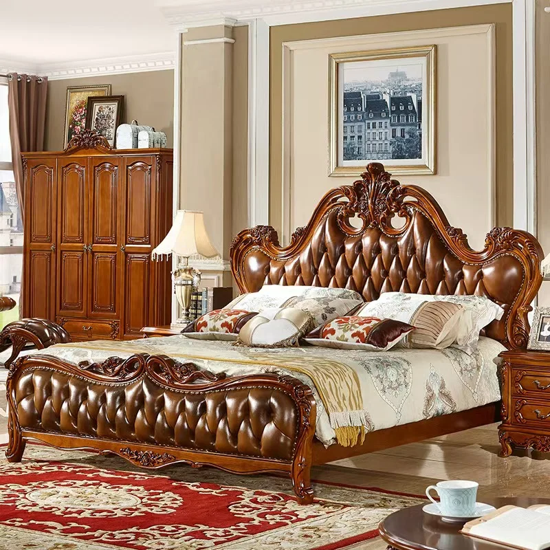 Genuine leather bed, 1.8m solid wood carved double bed, high-end oak master bedroom furniture set