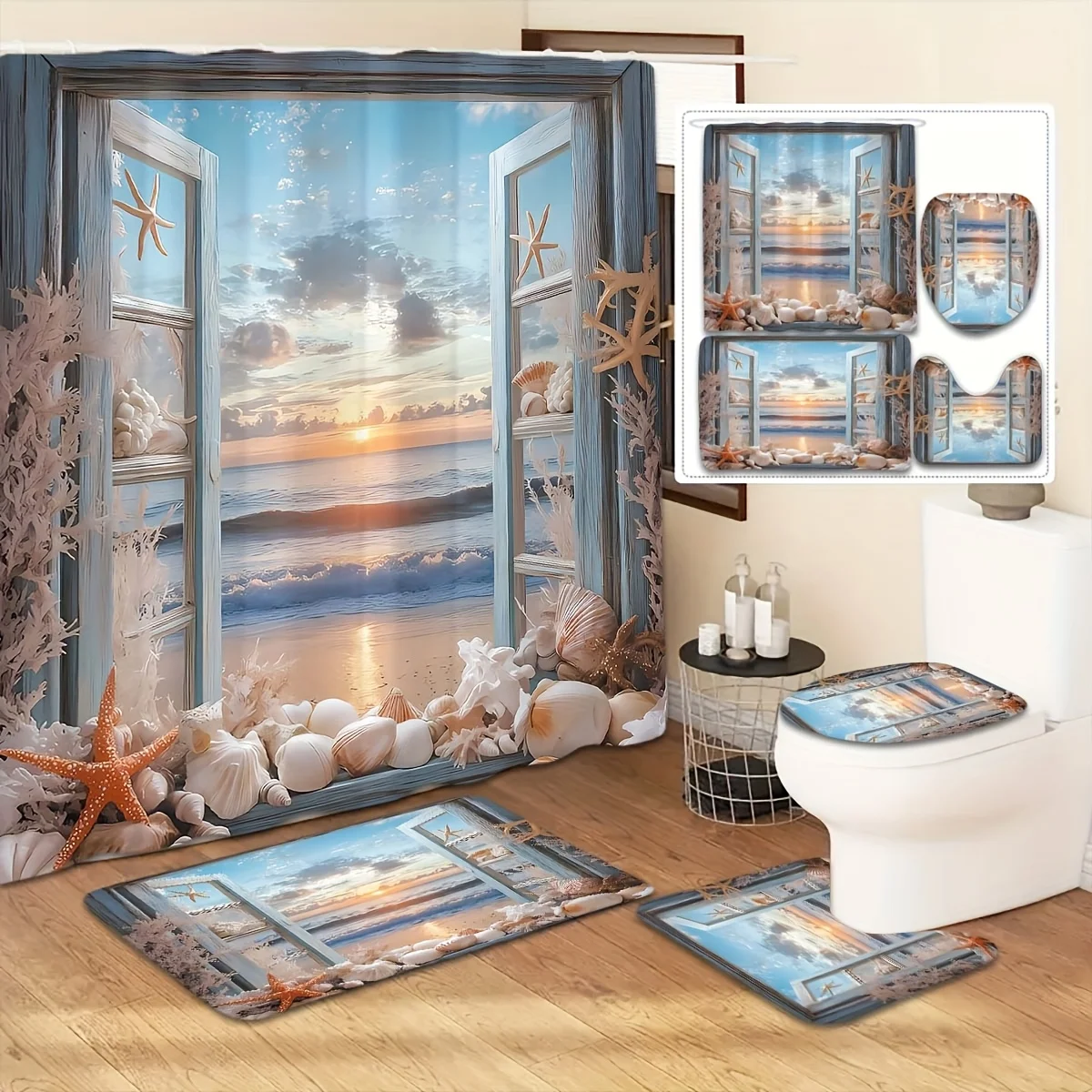 

Seaside Shell Shower Curtain Set with Hooks Non Slip Bathroom Rug U Shaped Toilet Cover Coastal Home Decor