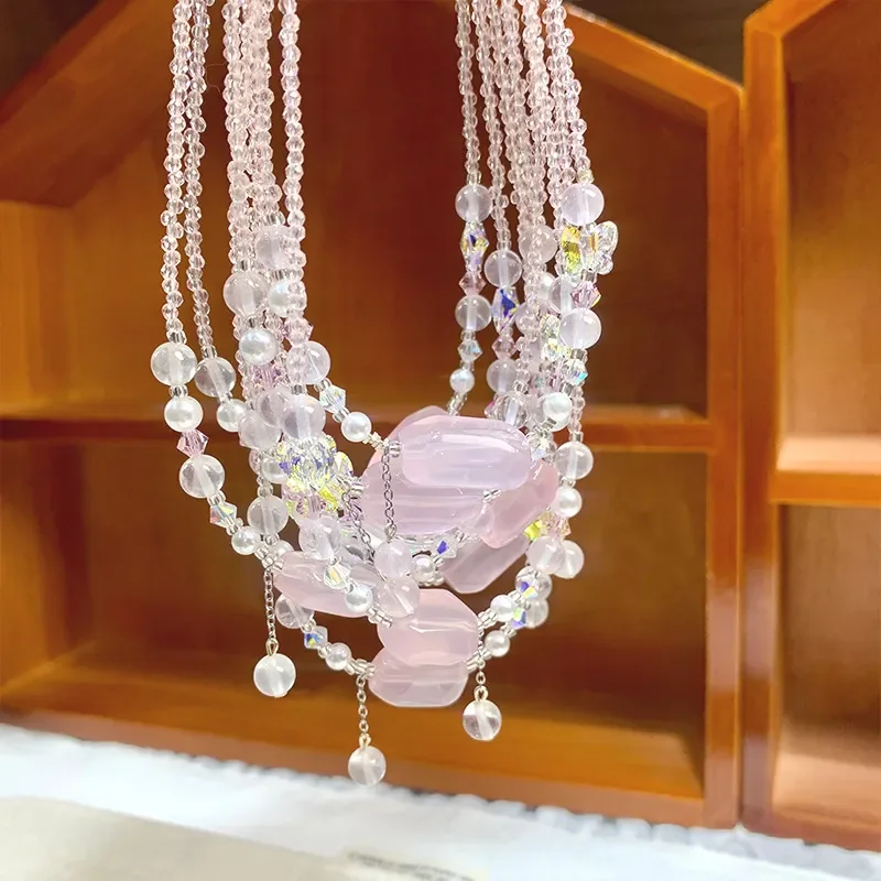 Crystal Necklace Powder Accompanying Button Head Clavicle Chain Women's Pendant Neck Chain Pink