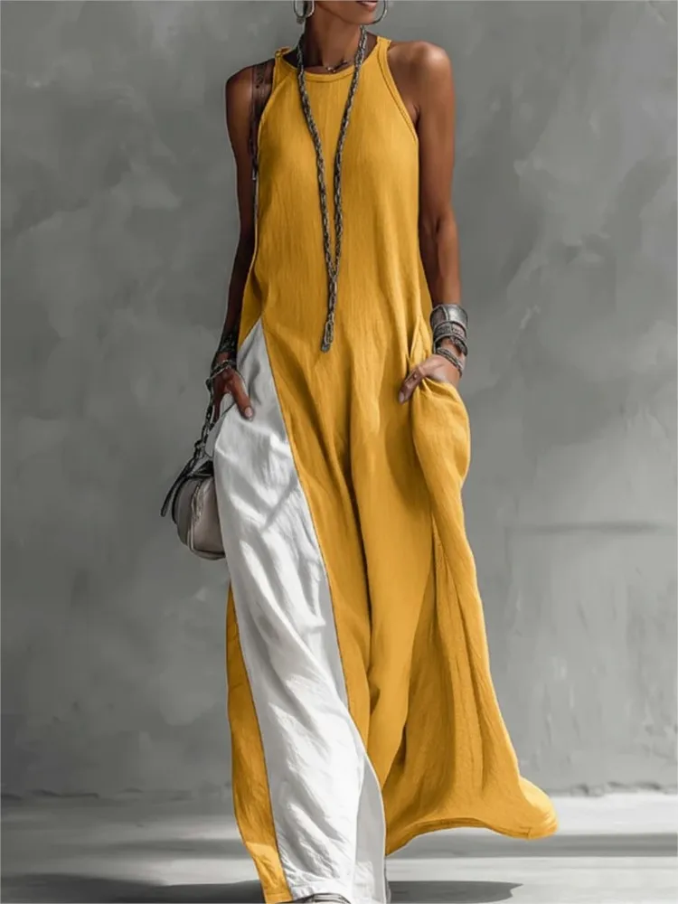 

Women Loose Pocket Maxi Dress A-line Vest Type Color Block Summer Beach Dress Casual Solid O Neck Sleeveless Long Dresses