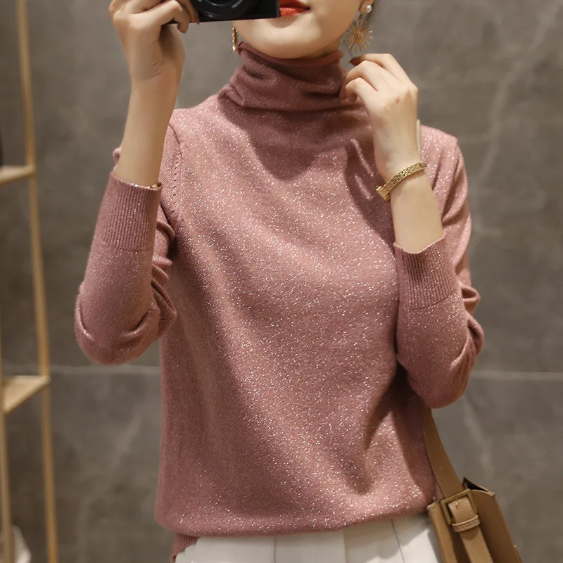 

Autumn and Winter 2023 New Slim Fit Underlay Sweater Long Sleeve High Neck Underlay Women's Bright Silk Stacked Collar Knit