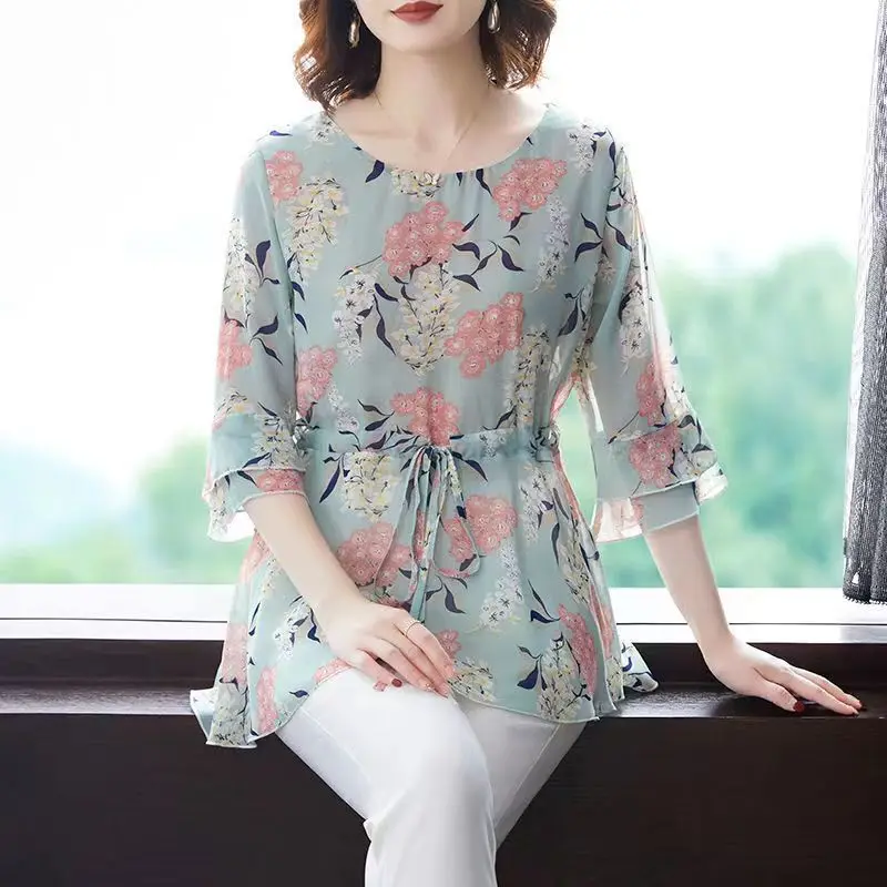 Vintage Elegant Fashion Casual Floral Printing Belt Long Shirt Summer 2023 New O-Neck Half Sleeve Tunic Blouse Women\'s Clothing