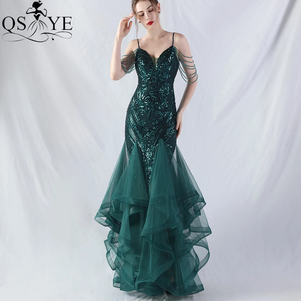 

Emerald Evening Dresses Bottom Ruffles Sequined Mermaid Formal Dress Spaghetti Straps Bead Strings Pattern Lace Green Prom Gown