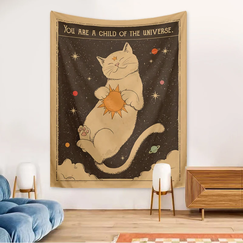 VIKAMA Cosmic Child Tapestry Embrace the Sun Starry Sky Cat Planet Children's Room Study, Spiritual Space Room Decor