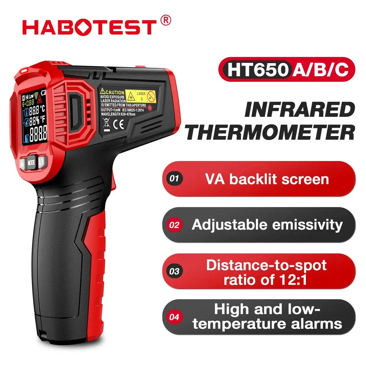 【セール中】HABOTEST HT650A、HT650B、HT650C シリーズデジタル赤外線レーザー温度非接触工業用レーザー温度計温度計