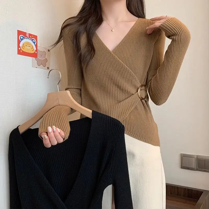 Irregular Fashion Autumn Winter Women\'s 2024 New Splicing V-neck Screw Thread Solid Color Slim Casual Long Sleeve Knitted Tops