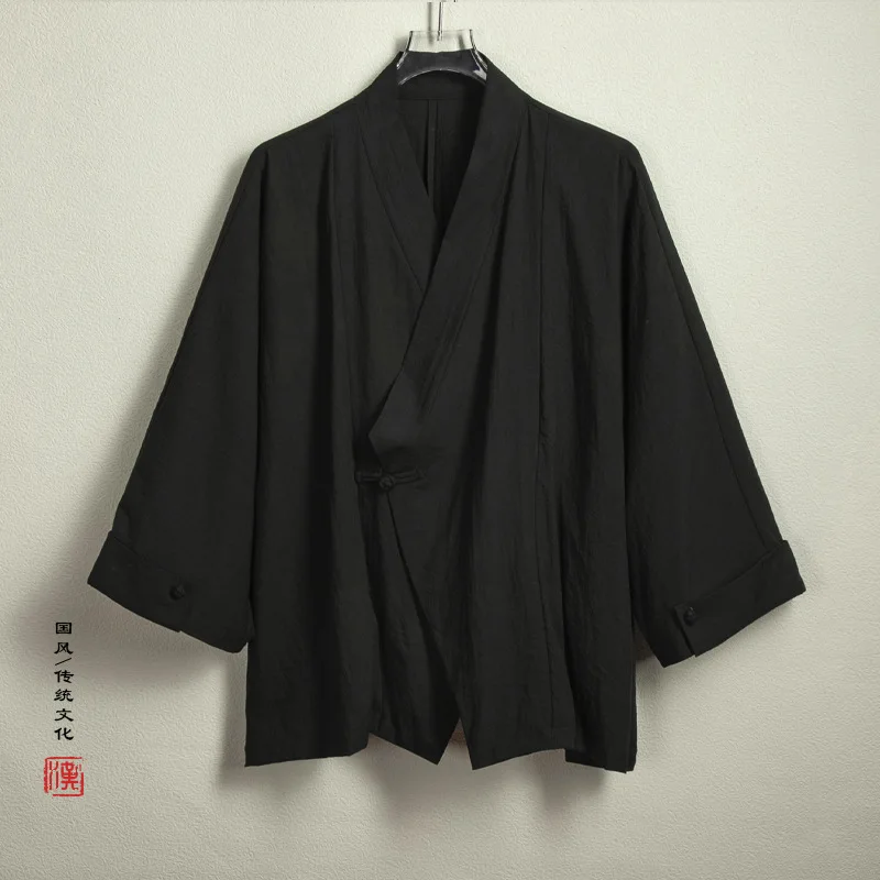 2024 Men Linen Kimono Shirts Men Solid Color Linen Shirt Casual Fashion Open Stitch Shirt Male Kimono Jacket Black