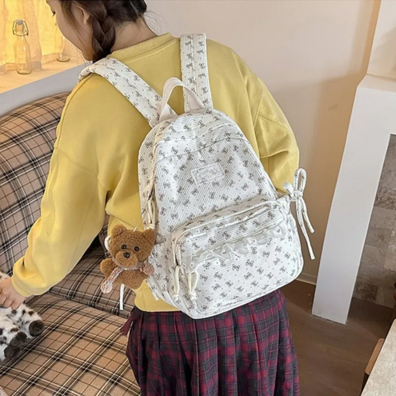 Winter Corduroy Backpack Bow-print Lace Kawaii Travel Rucksack Korean Young Girl Sweet Cute Daypack Teenage Students School Bags