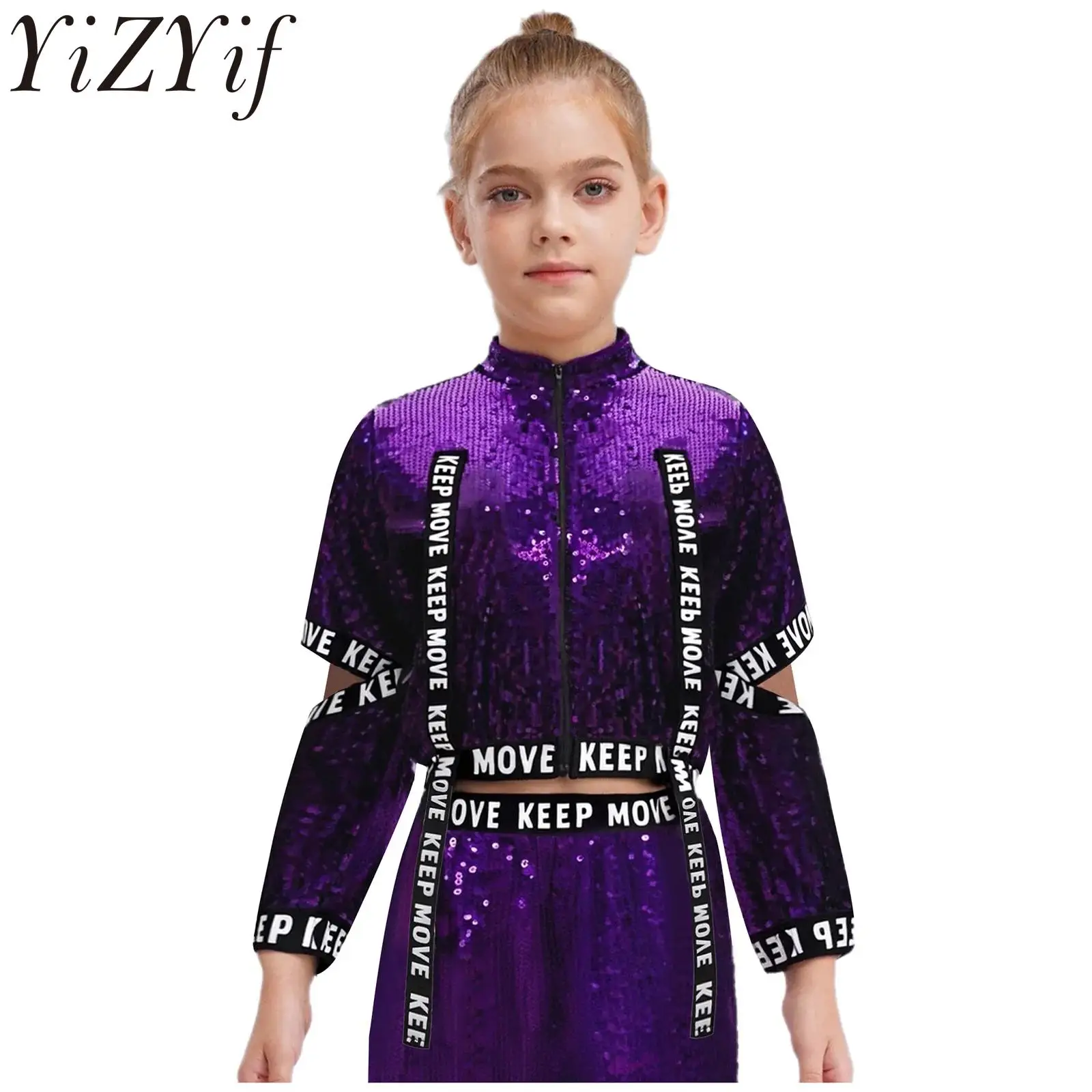 

Детский костюм для выступлений в стиле хип-хоп, джаз, уличная одежда, топы, костюм для танцевальных представлений, куртка с буквенным принтом и вырезами на рукавах, эластичные ленты