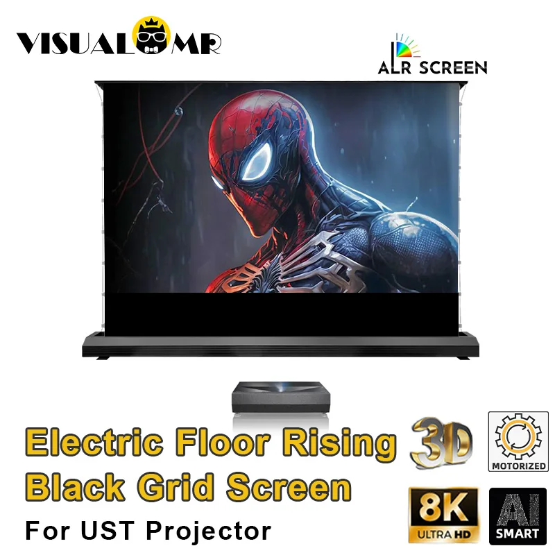 

Newly Upgraded Electric Tab Tension Floor Rising Black Grid Projection Screen 120Inch PET Crystal Motorized for UST Projectors