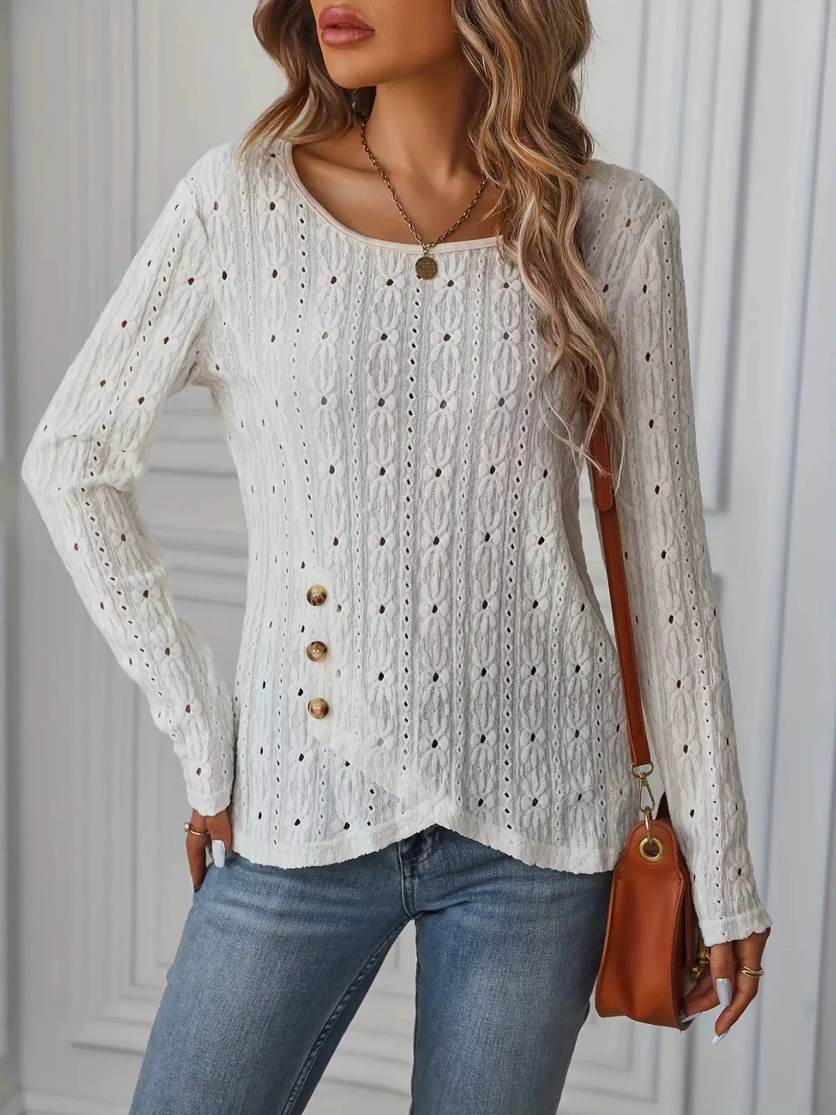 

Fashionable shirt spring new European and American long-sleeved knitted jacquard button top