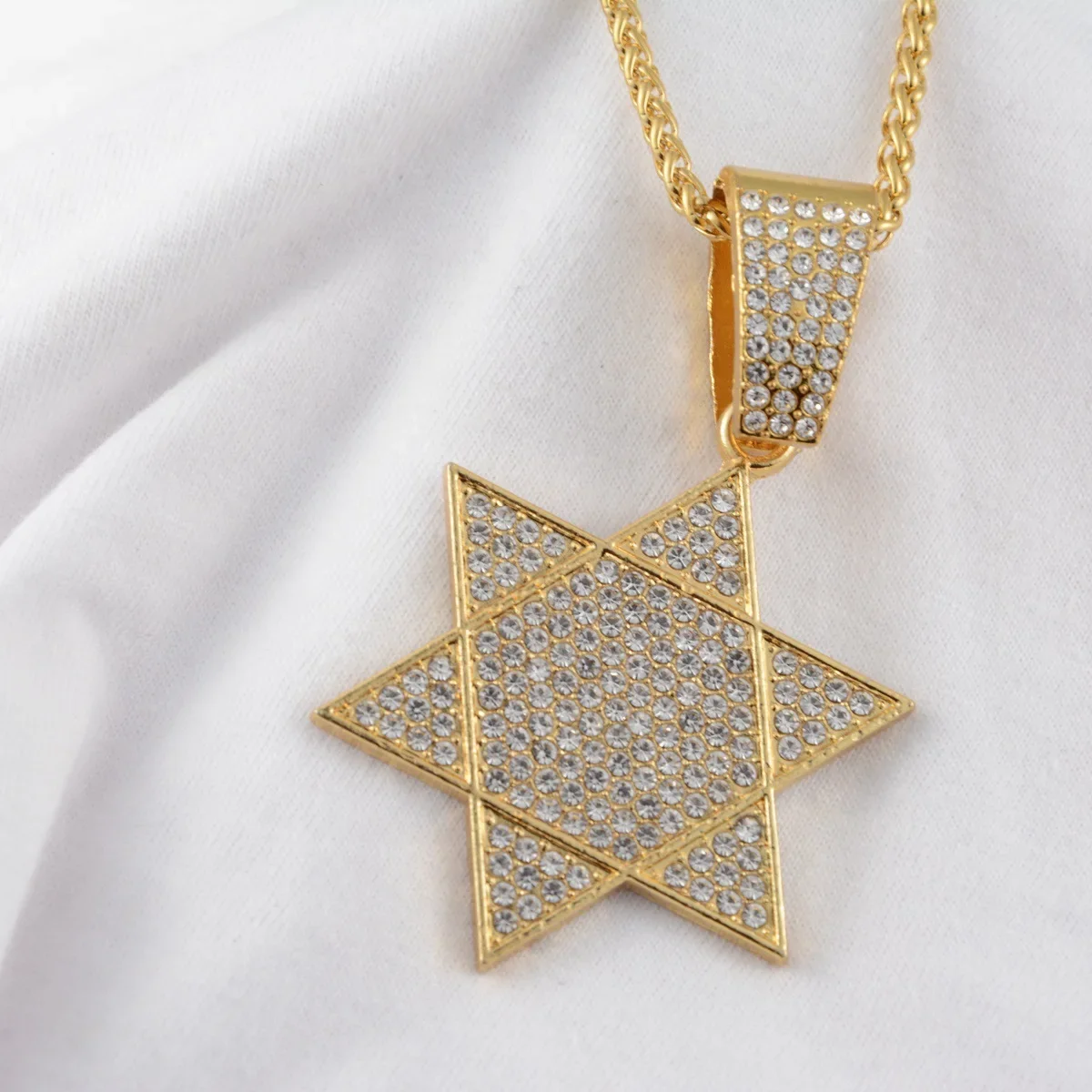 Full Micro Paved Crystal Israel Menorah Judaism Hebrew Necklace Star Of David  Gold Color Religious Jewelry For Men Women