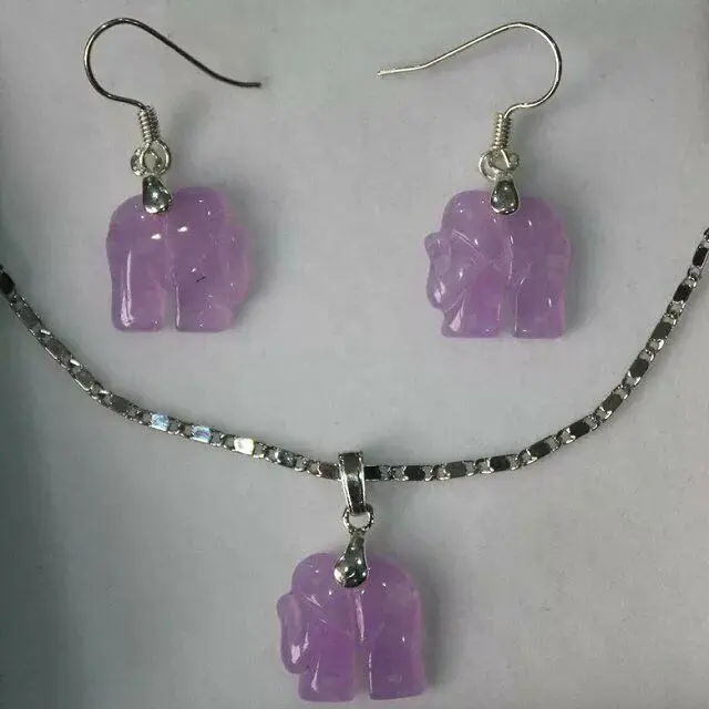 Natural Purple Jade Carved Elephant Pendant 14KGP Necklace Earrings Set h0203