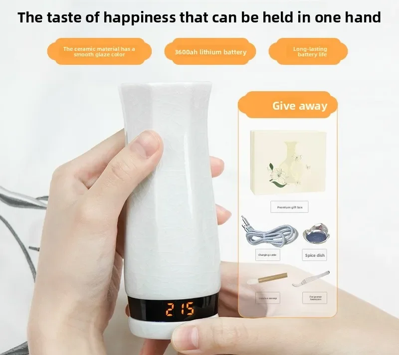 Handheld ceramic aroma diffuser, bedroom interior product sandalwood incense burner type-c convenient charging