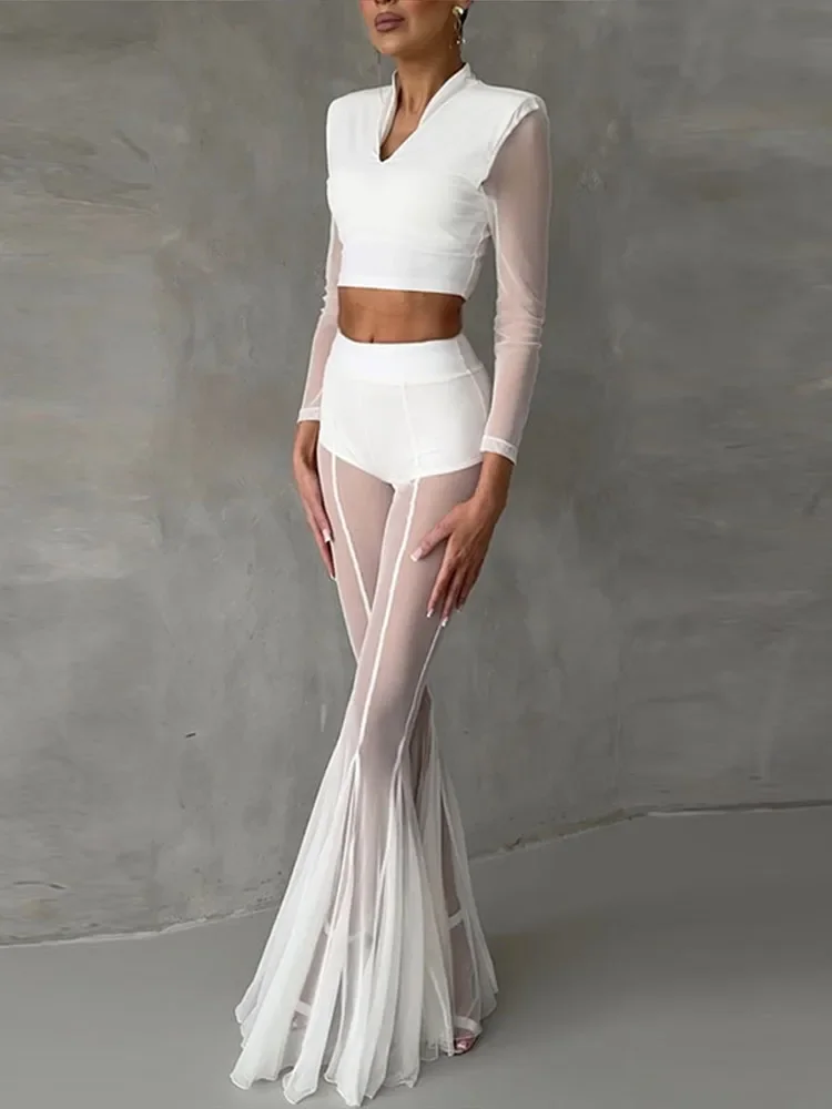 Women Pleated Elastic High Waist Fashion Evening Party Trousers See Through Mesh Pleated Flare Pants 2025 Summer Gown Chic Pants 4 Women Pleated Elastic High Waist Fashion Evening Party Trousers See Through Mesh Pleated Flare Pants 2025 Summer Gown Chic Pants 4