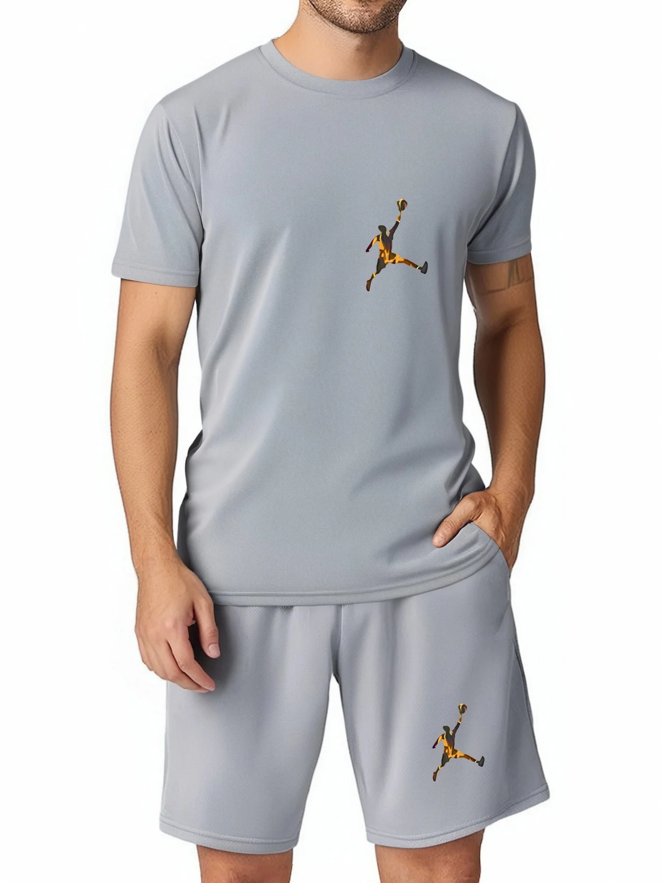 New summer men's two-piece fashion casual clothing round neck short-sleeved T-shirt and drawstring shorts sports T-shirt set