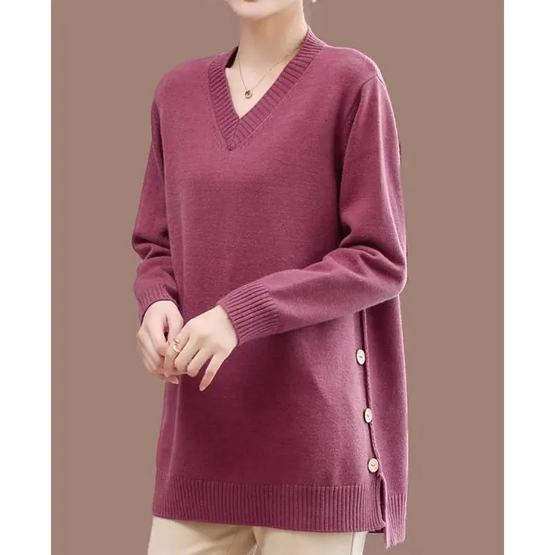 

Women Mid-length Knitted Sweater Tops Autumn Winter Lady Solid Color Pullover Knitwear Female V-neck Long Sleeves Loose Knitting