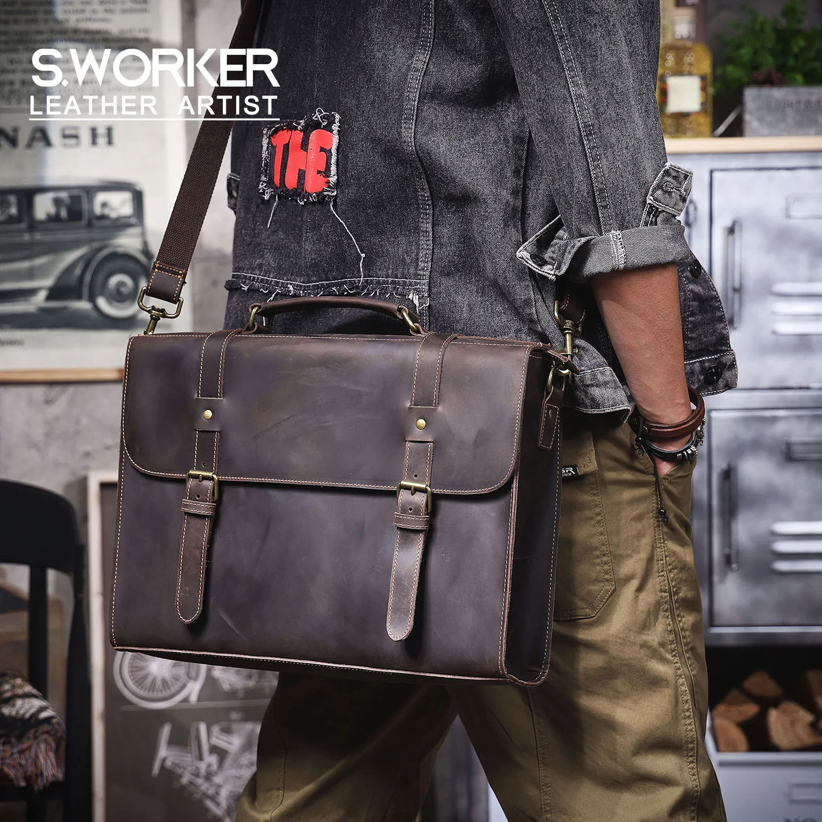S.WORKER Vollnarbenleder 15" Laptop-Aktentasche Echtleder Herren Büro-Handtasche Messenger-Tasche Business-Bürotasche – Detail 2