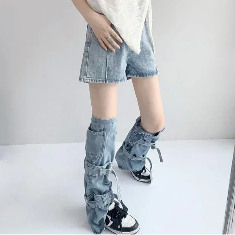 

Fashion Belt Blue Leg Warmers Women Streetwear Bandage Denim Boots Cover Long Knee-high Socks Women's Gaiter