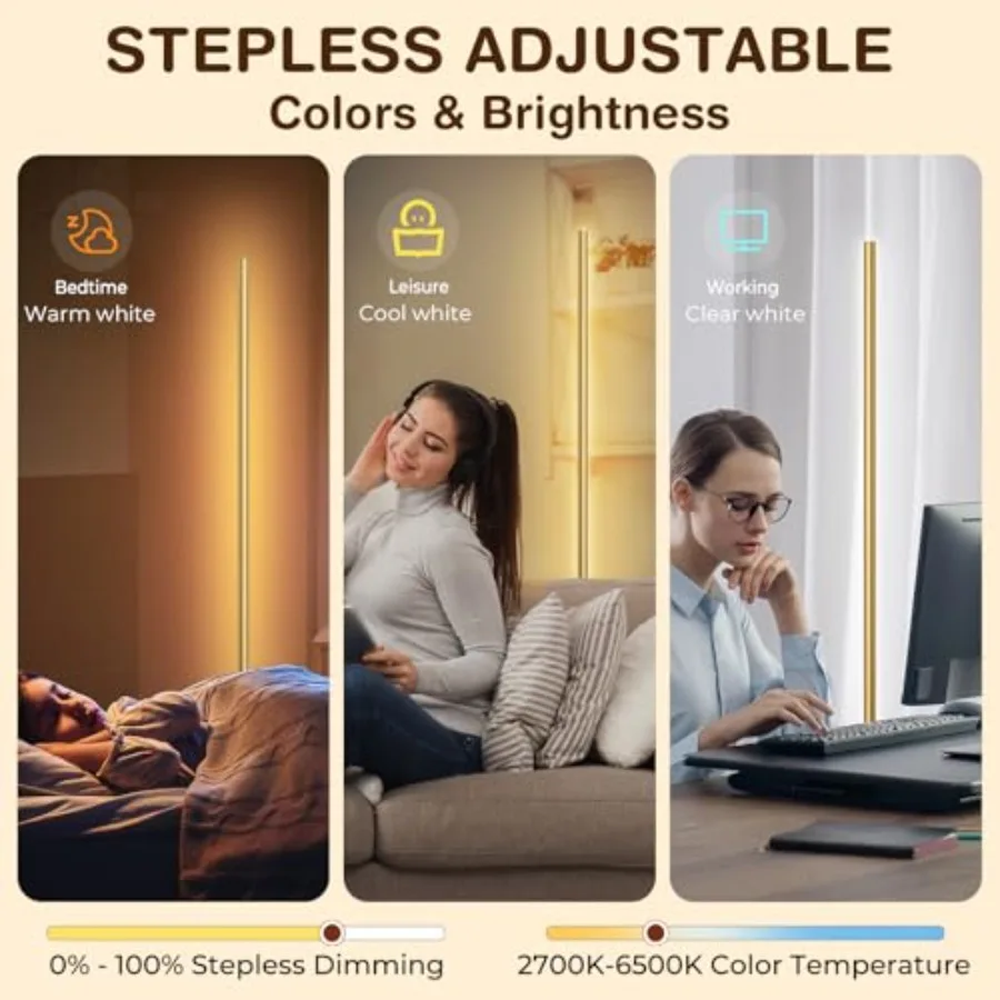 LED Corner Floor Lamp for Living Room Dimmable Light with Remote 2700-6500k Stepless Adjustable Colors and Brightness Modern Re