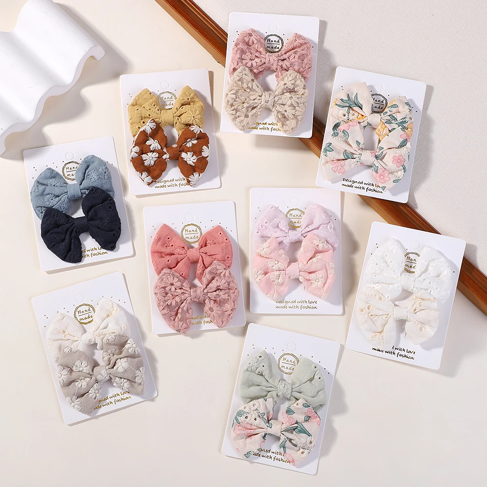 2Pcs/lot Handmade Embroidery Hair Bows Hair Clip for Kids Hair Accessories Lovely Cotton Hairpins Cheer Bow Barrette for Girl