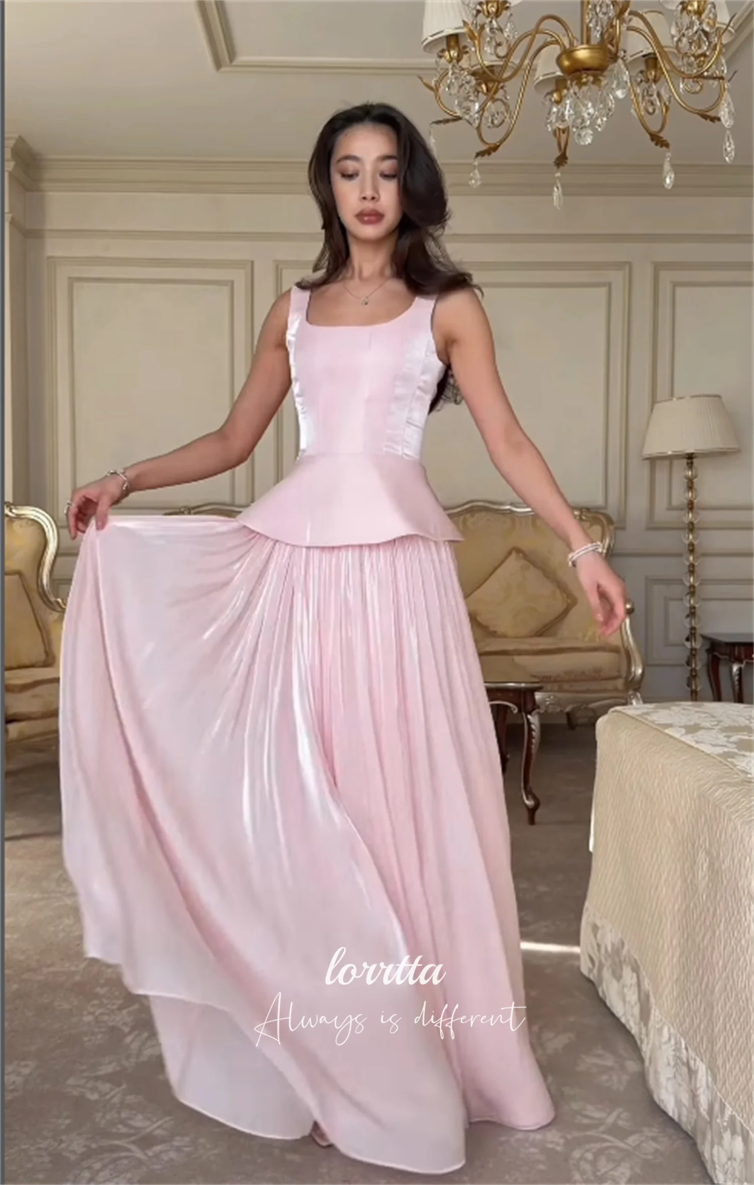 Lorrtta Damen-Abendkleid, maßgeschneiderte, elegante Partykleider für besondere Anlässe, glitzernder Satin, A-Linie, rosa, quadratischer Kragen – Detail 6
