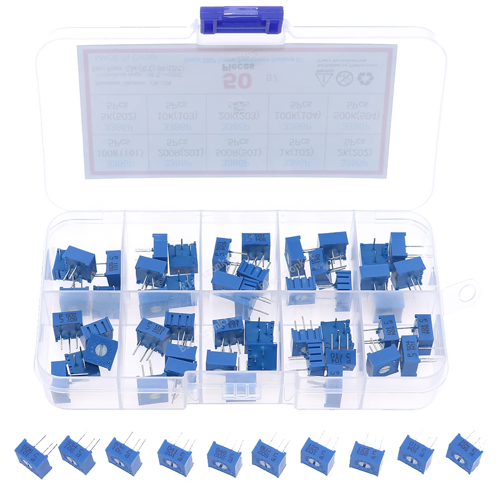 50pcs 10Value 3386P Variable resistors Assortment Kit  100R-10K Multi-Turn Potentiometer set