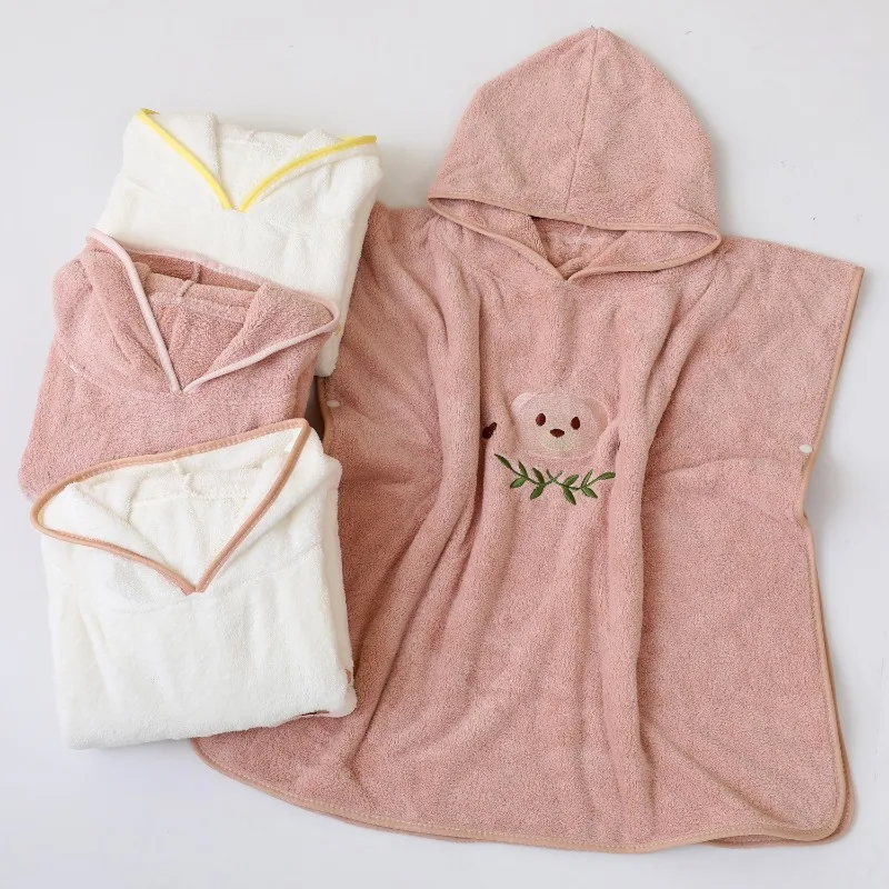 Children's Bath Towel  Cartoon-Embroidered Hooded Anti-Kick Cape  Coral Fleece Baby Absorbent Towel