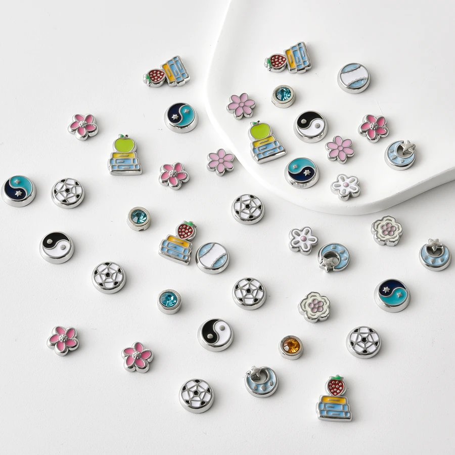 12Pcs Stainless Steel Chic Strawberry Daisy Flower Floating Charms For Memory Locket Jewelry Making Cute Moon Star Beads Bulk