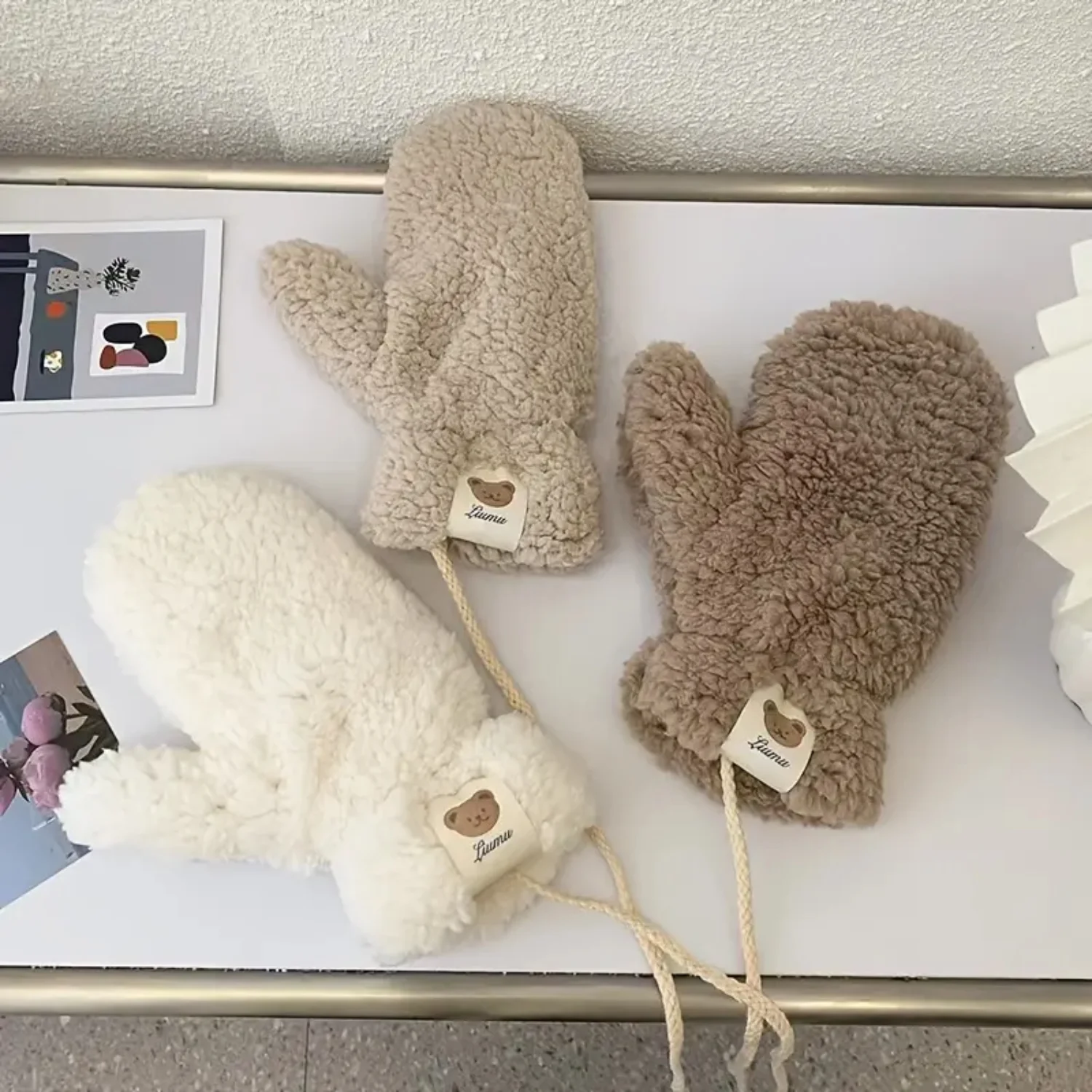 

Winter Fleece Mittens Gloves - Solid Color Bear Mitten With Rope | Cute Fluffy Gloves