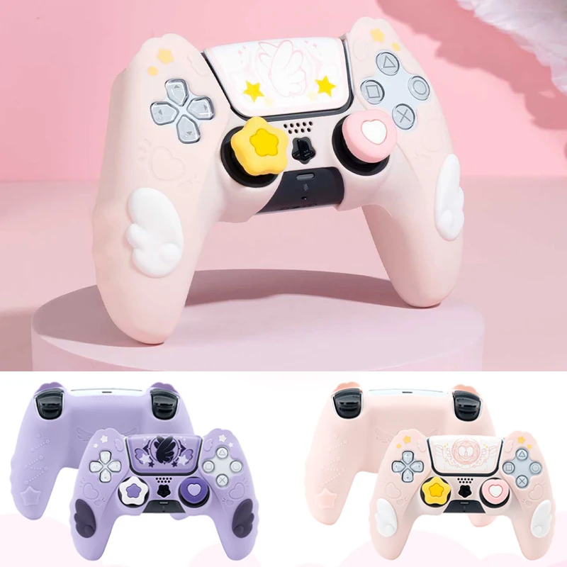 Cute Star Wings Silicone Skin Cover Gamepad Sticker Soft Case For Sony Dualsense 5 PS5 Controller Thumb Stick Grip Cap Protector