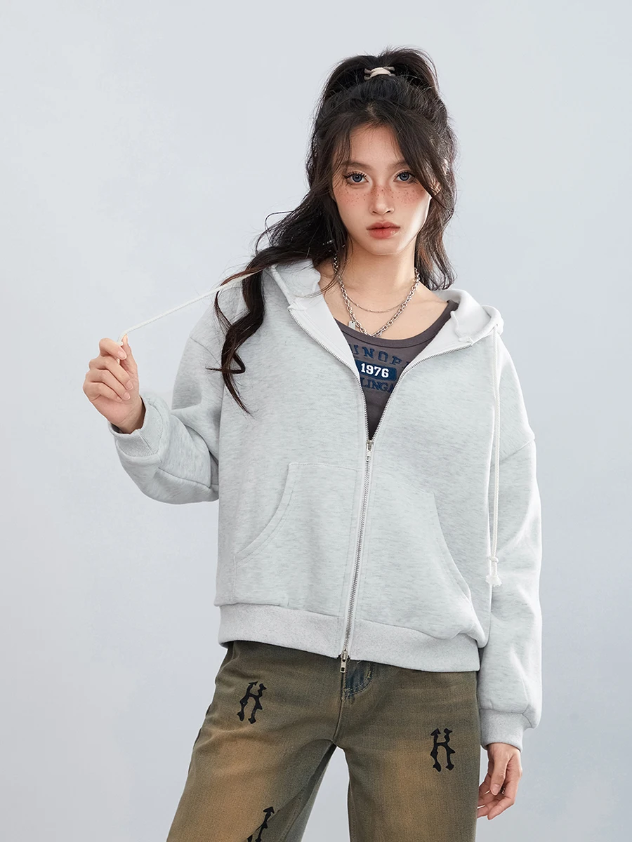 wsevypo Women's Casual Grey Hoodies Autumn Winter Solid Color Long Sleeve Zip Up Hoodie Sweatshirts with Pockets Street Outwear