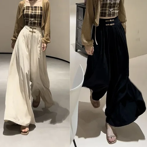 Imagen 2 del producto Pantalones tradicionales chinos de verano para mujer, cómodos pantalones holgados de pierna ancha y recta, pantalones de cintura alta a la moda para mujer
