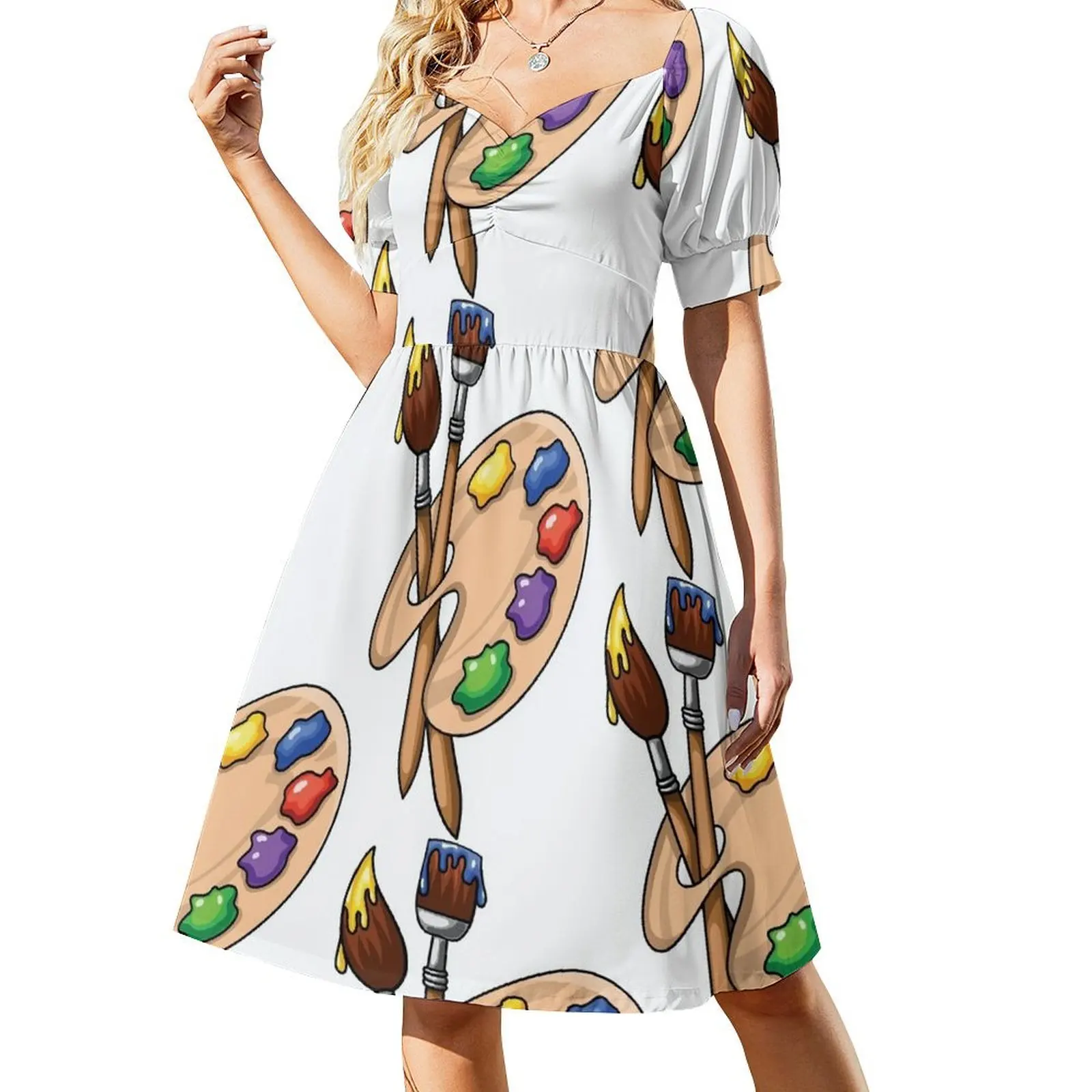 

Cartoon wooden art Palette with paints and two brushes Short Sleeved Dress dress for woman prom dresses 2025 Dress