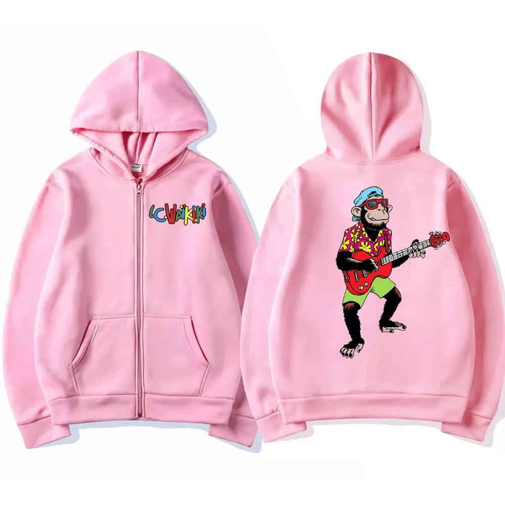 Funny Lc Waikiki Monkey Singing Double Sided Graphic Zipper Hoodie Men Women's Cute Cartoon Zip Up Jacket Male Fleece Sweatshirt