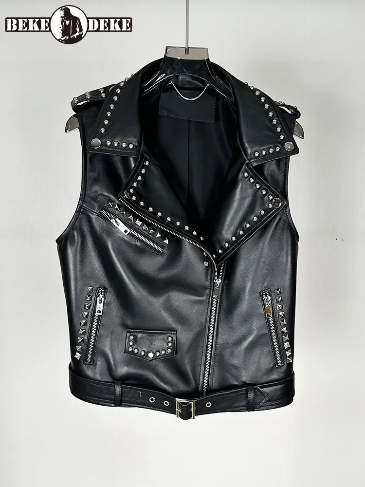 Punk Style Women Rivets Studded Sheepskin Genuine Leather Vest Top Sleeveless Jacket Spring Motorcycle Biker Casual Waistcoat