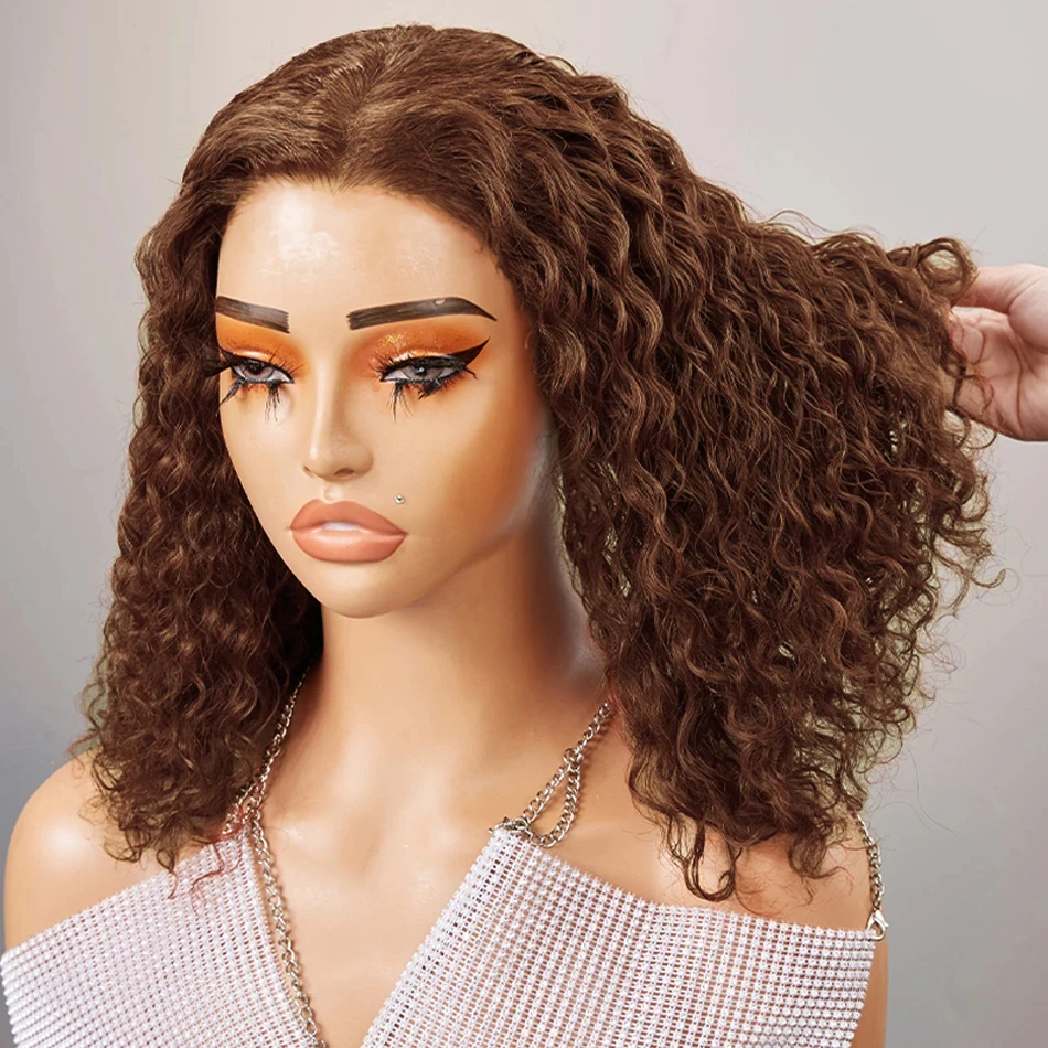 

13x4 Lace Front Human Hair Wig Transparent Lace Frontal Wigs For Black Women Short Bob Wig Remy Deep Wave 180% Wig Color #4