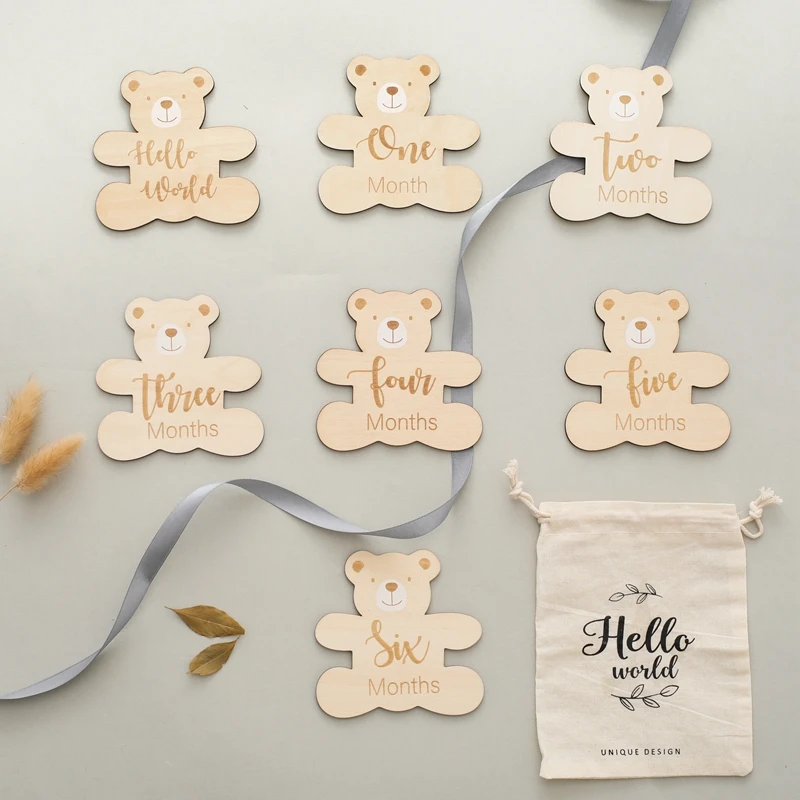 7Pcs Baby Milestone Number Cards Cute Little Bear Shape 0-12 Monthly Newborn Grow Memorial Photography Props Accessories Gifts