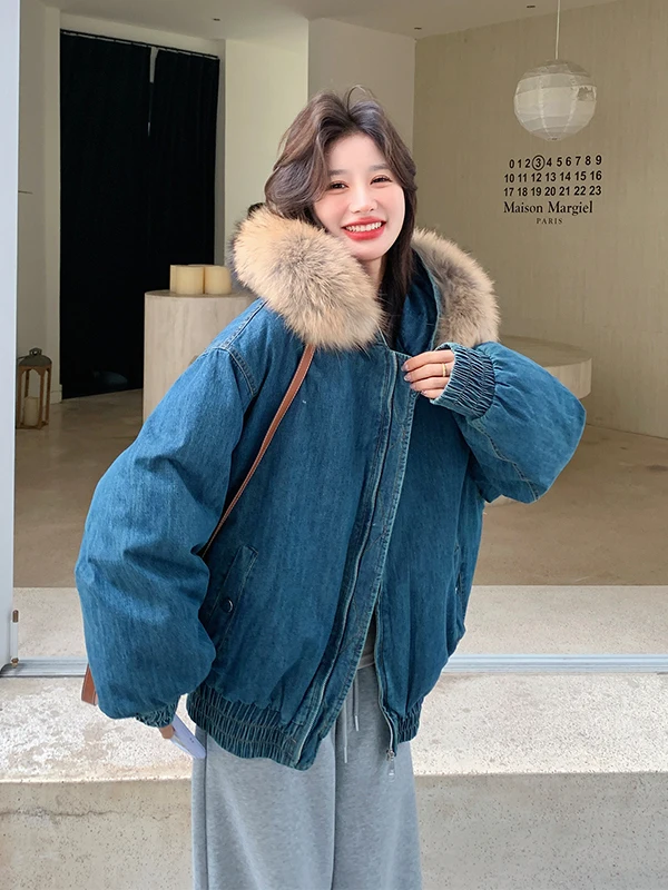 여성용 오르트 두 다운 재킷 캐주얼 루즈핏 따뜻한 데님 코트 리얼 퍼 칼라 겨울 아우터웨어 지퍼 케트